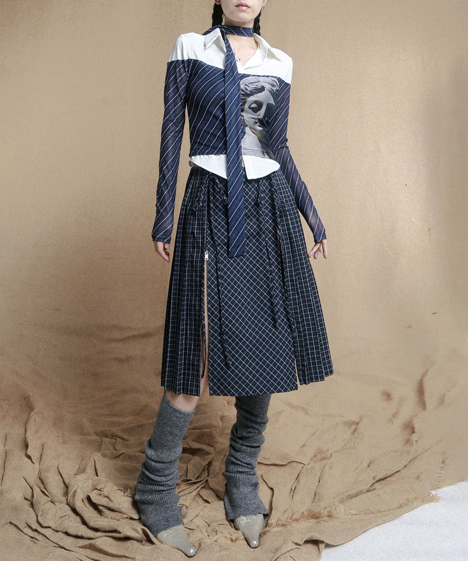 Diagonal Striped Tie Blouse
