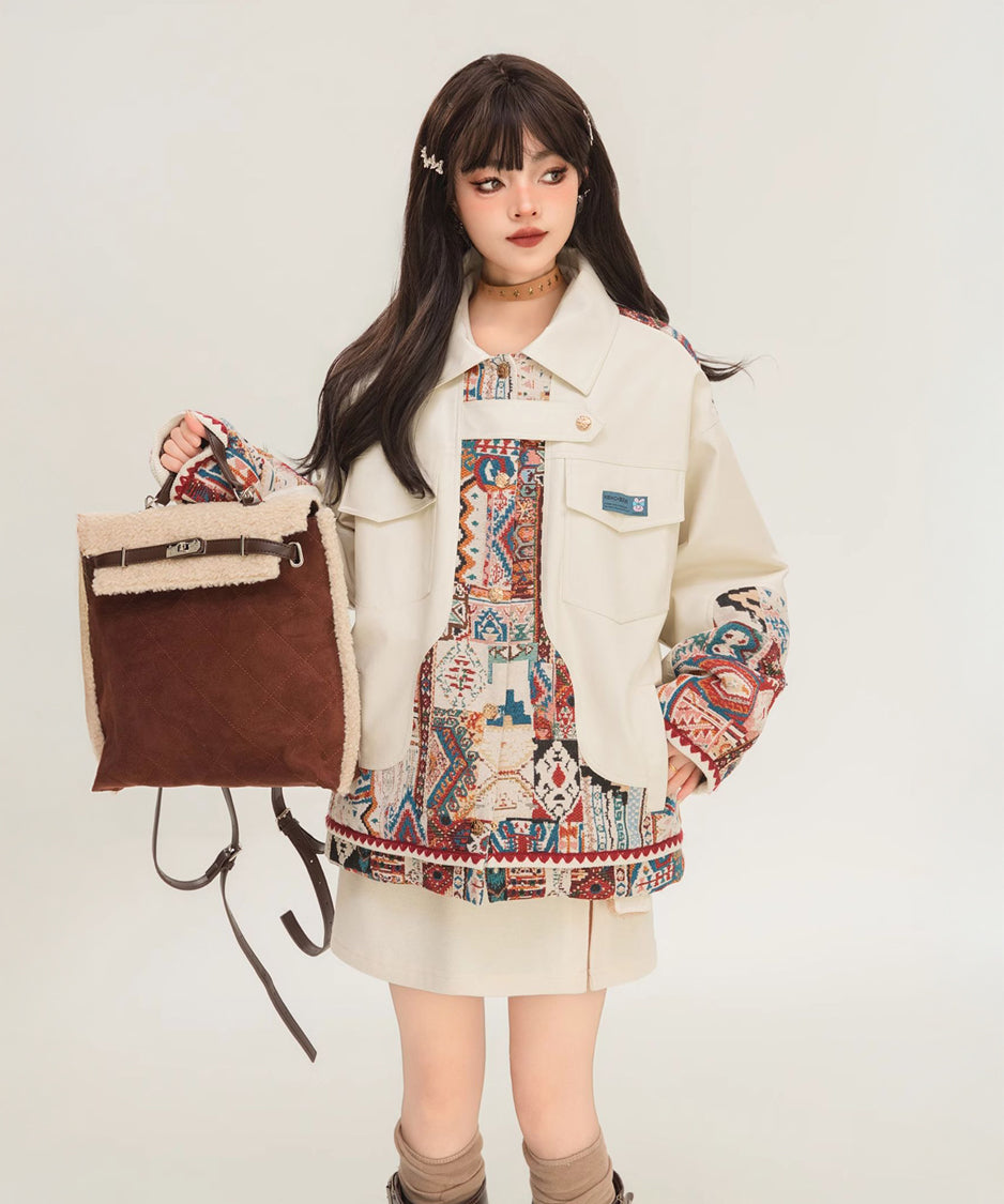 Jacquard Splicing Faux Leather Jacket