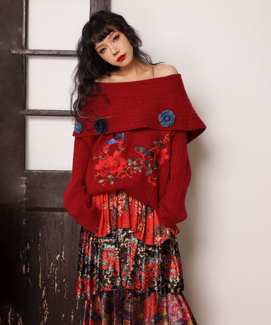 Embroidered Flower Off-Shoulder Knit