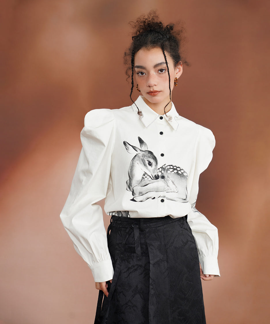 Deer Print Puff Sleeve Blouse