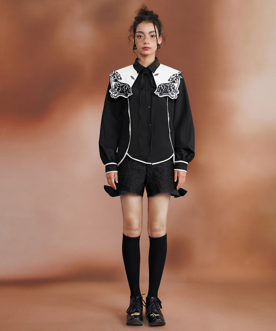 Deer Embroidery Collar Blouse