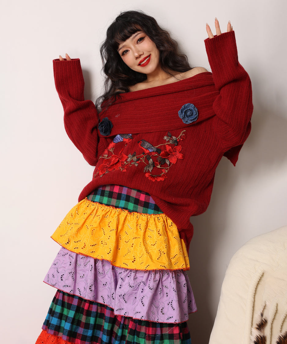 Embroidered Flower Off-Shoulder Knit
