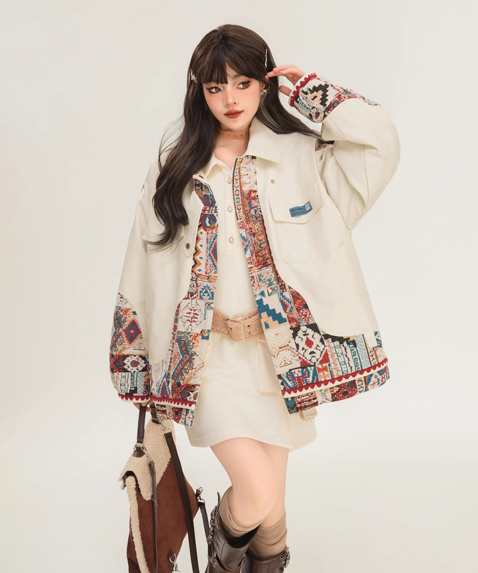 Jacquard Splicing Faux Leather Jacket