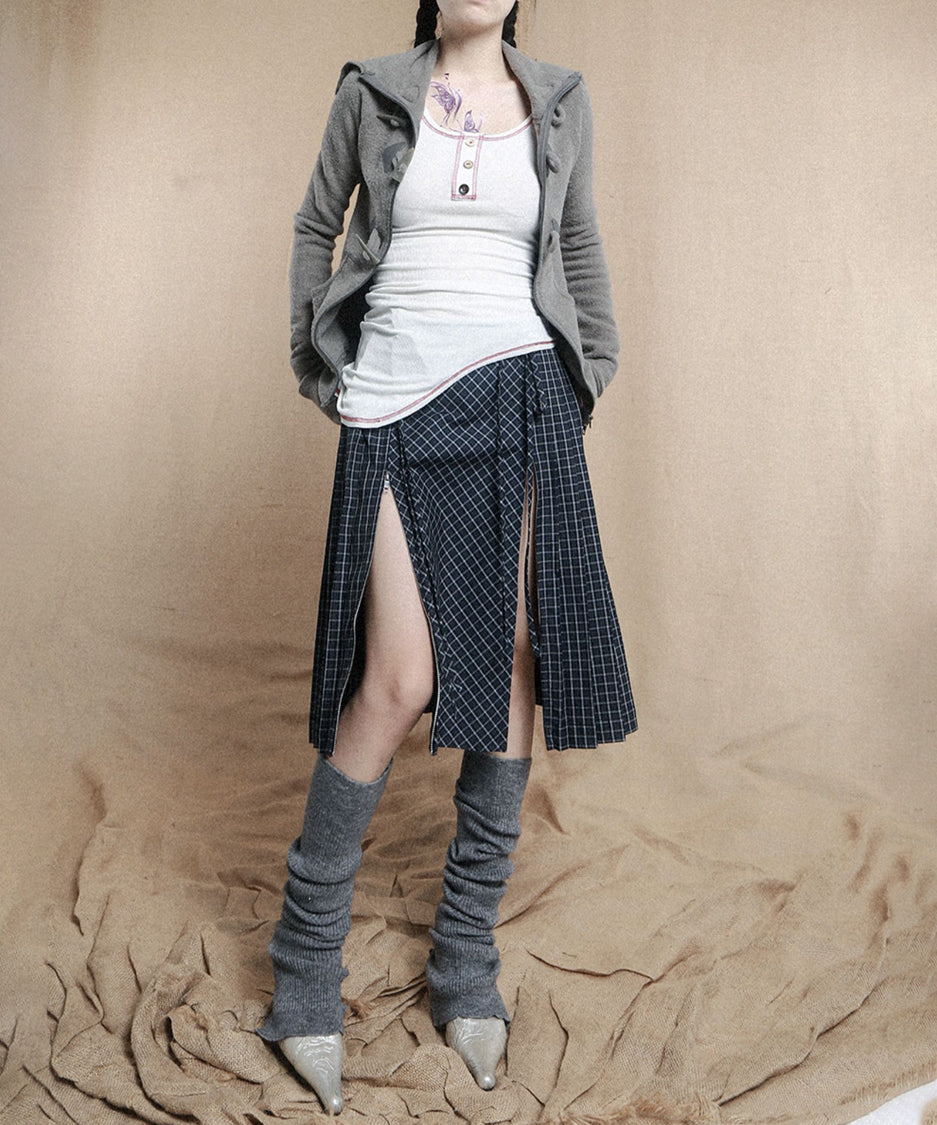 Double Zipper Plaid Pleated Skirt