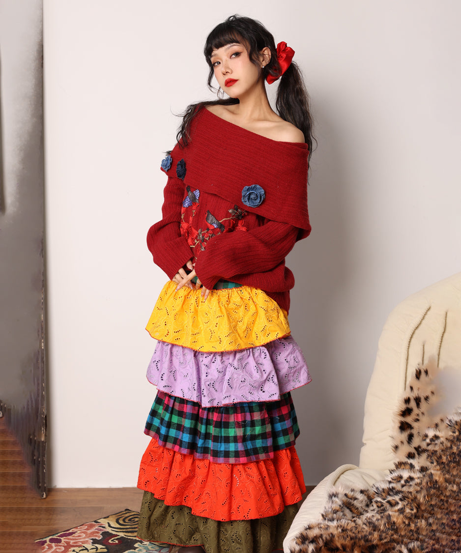 Embroidered Flower Off-Shoulder Knit