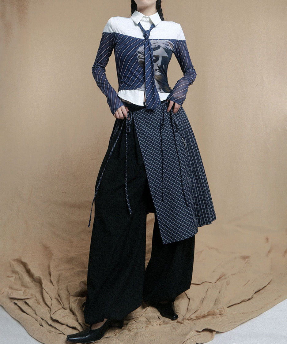 Diagonal Striped Tie Blouse