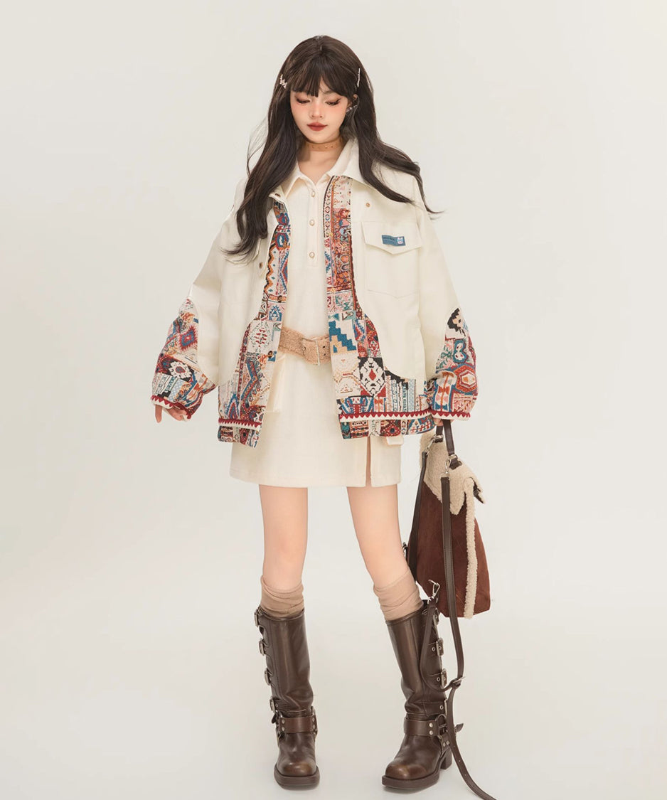 Jacquard Splicing Faux Leather Jacket