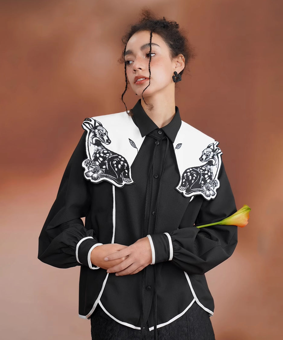 Deer Embroidery Collar Blouse