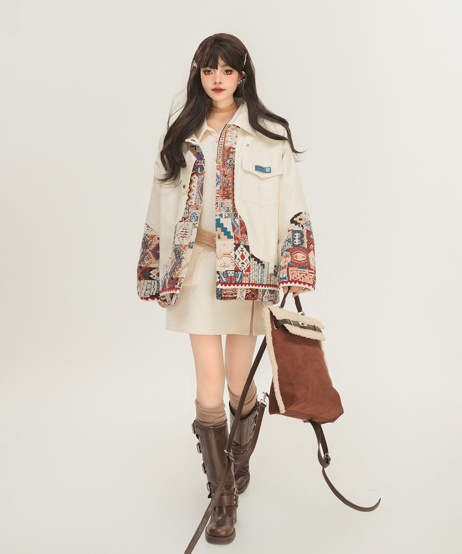 Jacquard Splicing Faux Leather Jacket