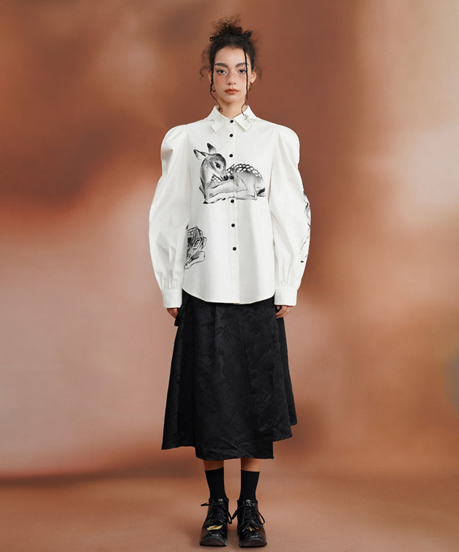 Deer Print Puff Sleeve Blouse