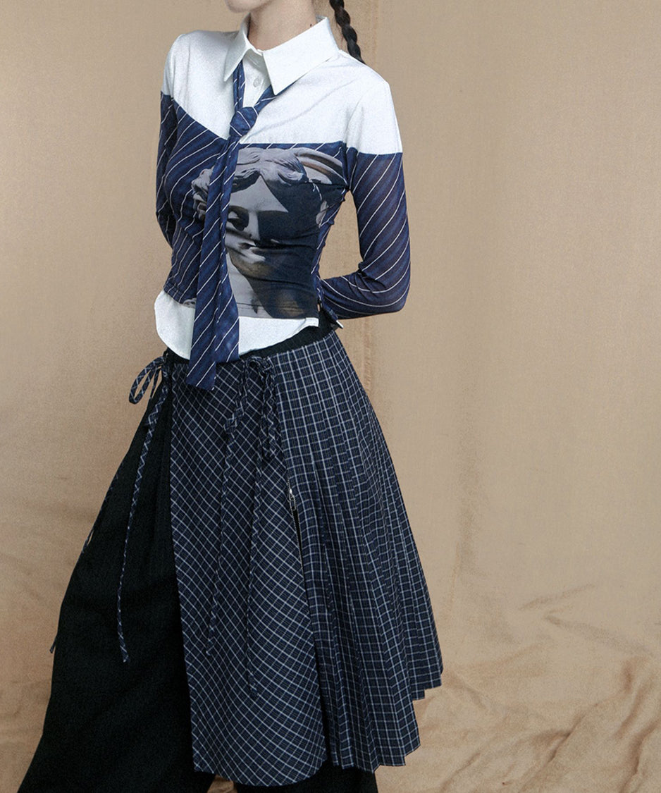 Diagonal Striped Tie Blouse