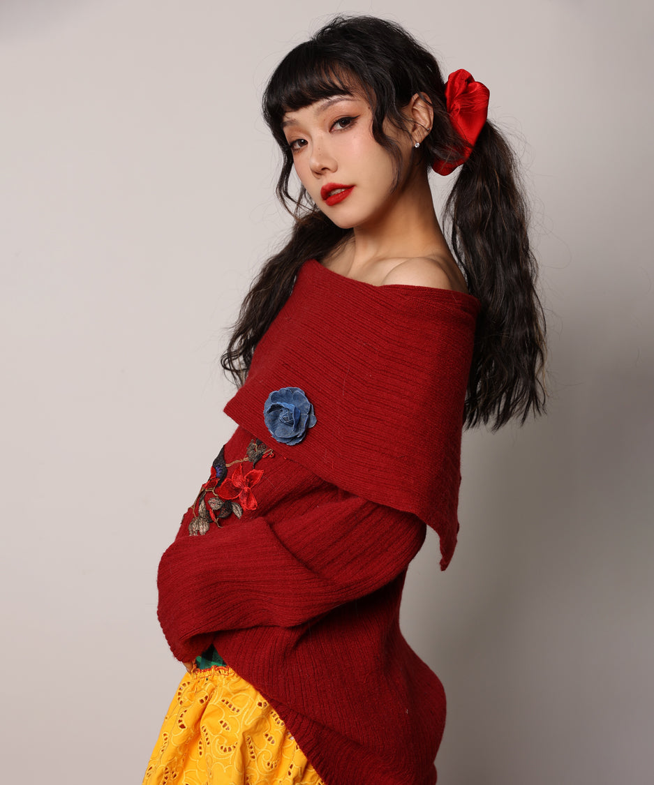 Embroidered Flower Off-Shoulder Knit