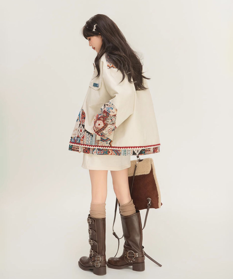 Jacquard Splicing Faux Leather Jacket