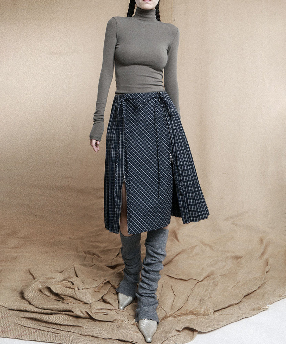 Double Zipper Plaid Pleated Skirt