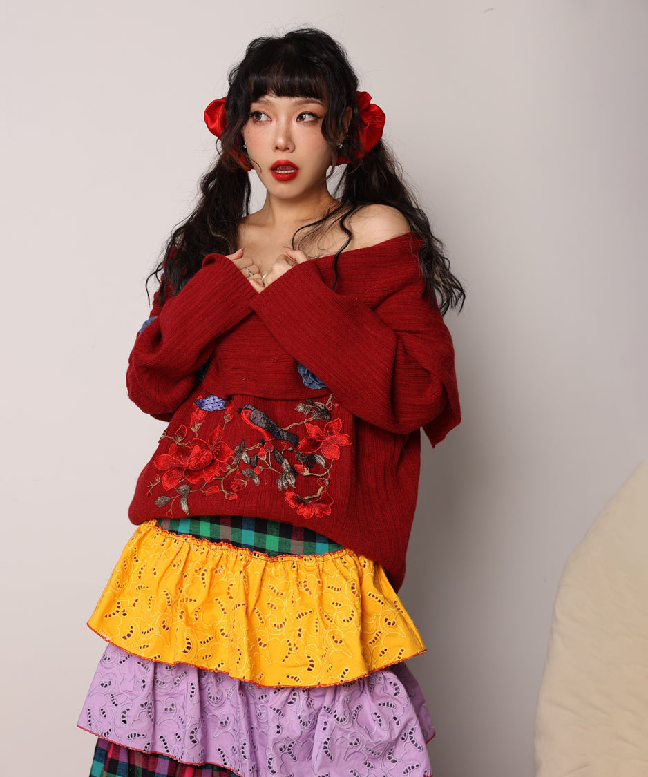 Embroidered Flower Off-Shoulder Knit