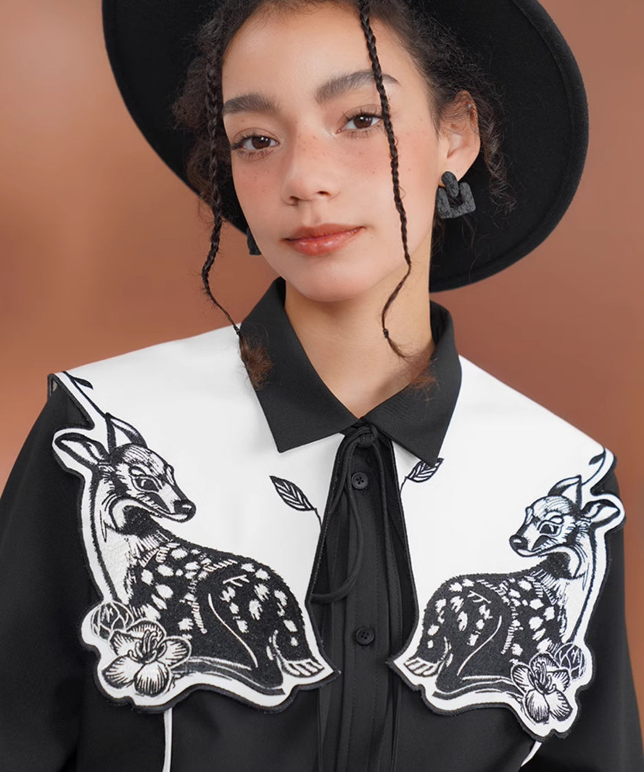 Deer Embroidery Collar Blouse