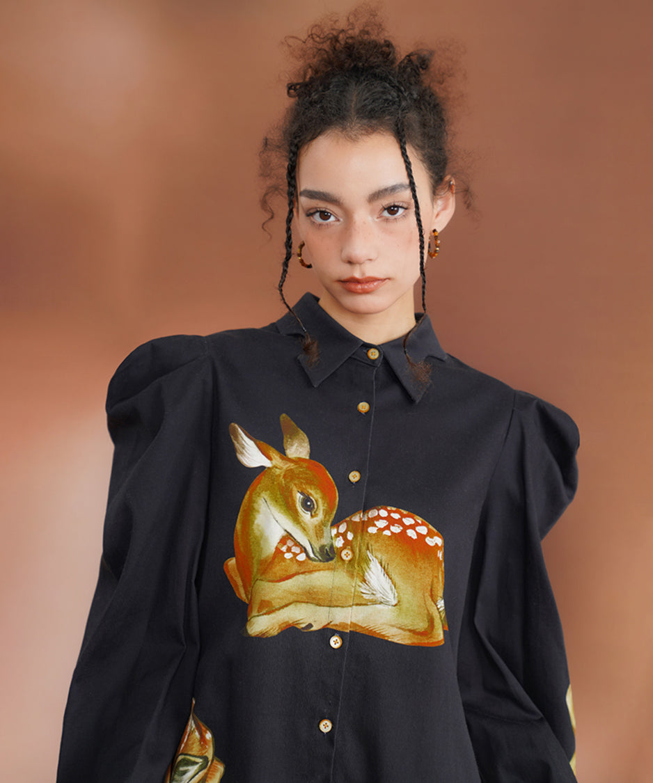 Deer Print Puff Sleeve Blouse