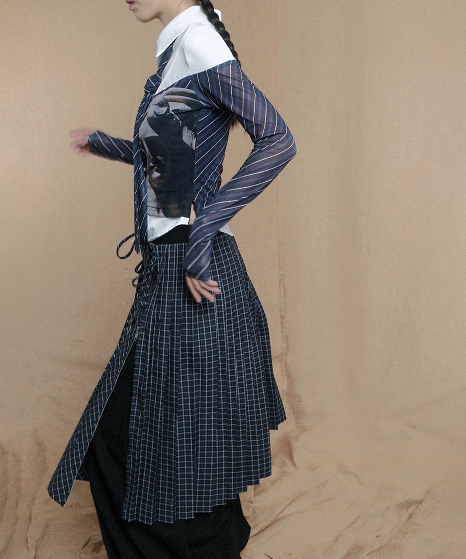 Double Zipper Plaid Pleated Skirt