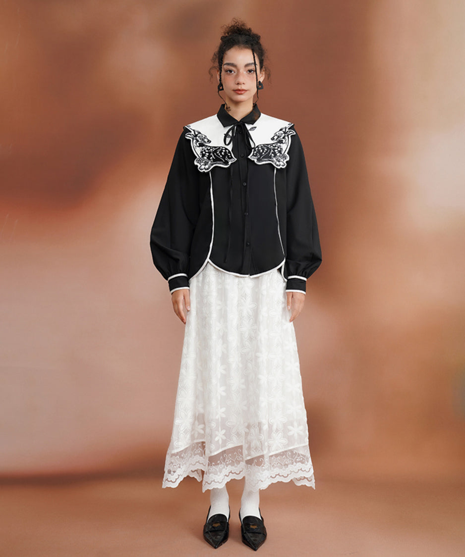 Deer Embroidery Collar Blouse