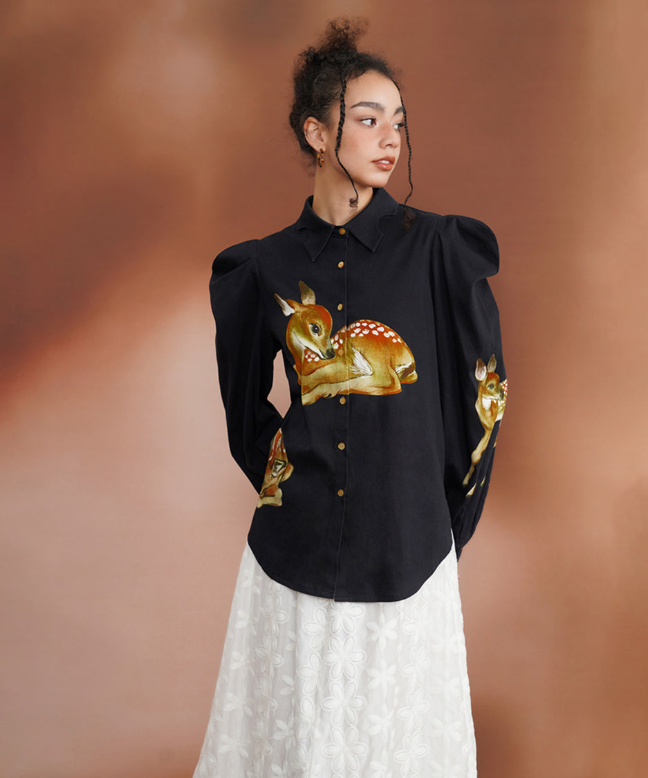 Deer Print Puff Sleeve Blouse