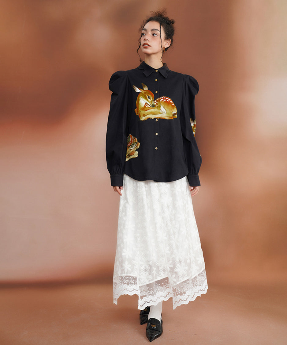 Deer Print Puff Sleeve Blouse