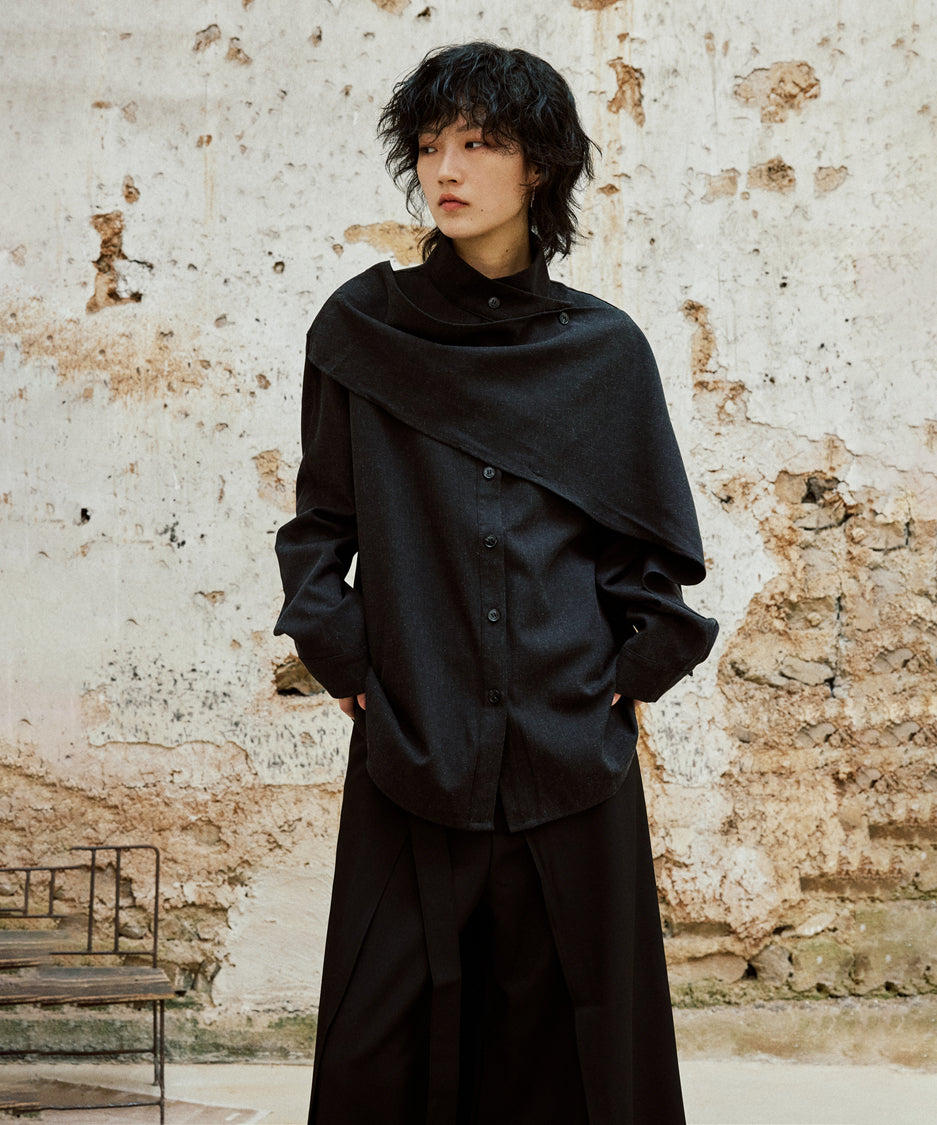 Cross Stand Collar Scarf Blouse