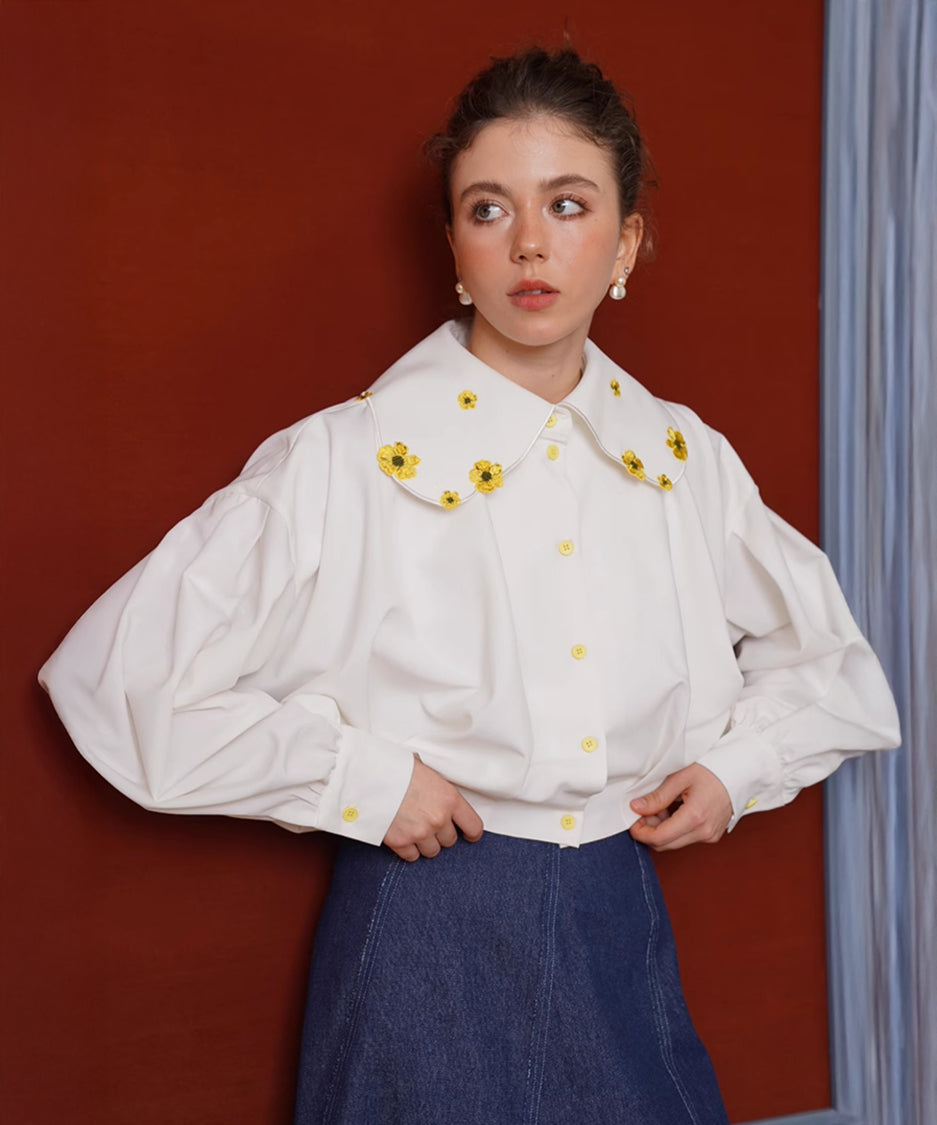 Small Flower Embroidery Collar Blouse