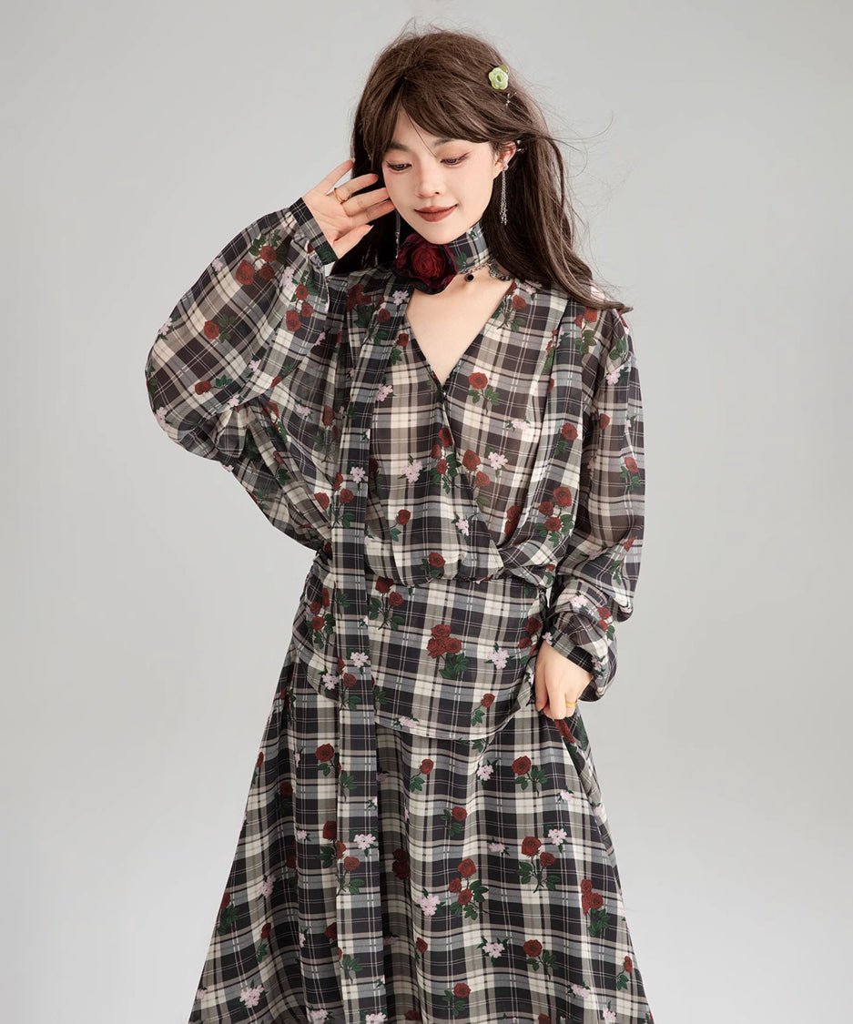 V-neck Flower Check Dress