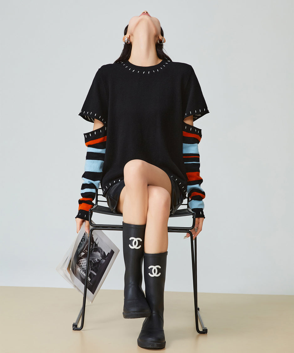 Striped Cut-out Sleeve Sweater