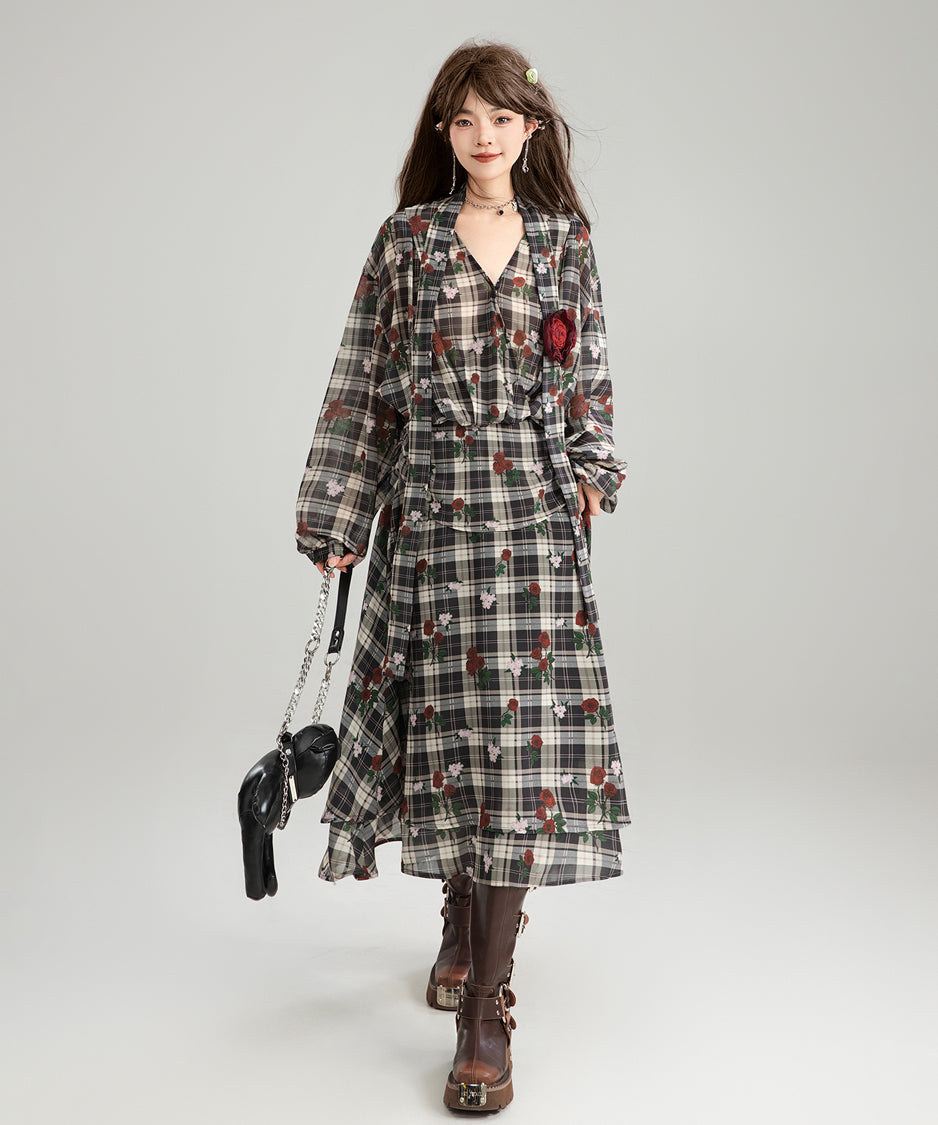 V-neck Flower Check Dress