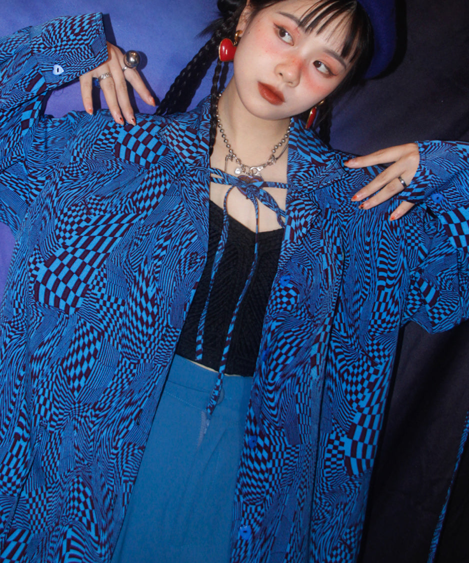 Checkerboard Drawstring Blouse