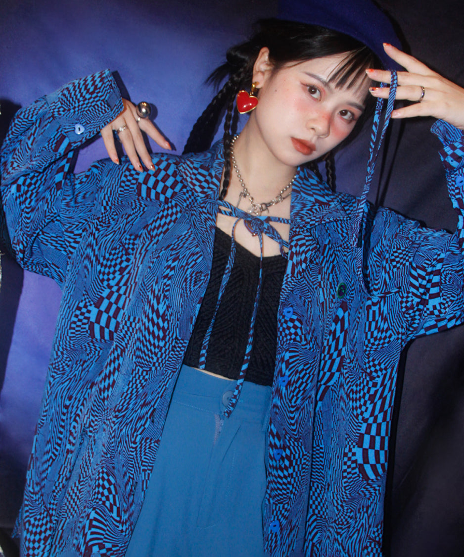 Checkerboard Drawstring Blouse