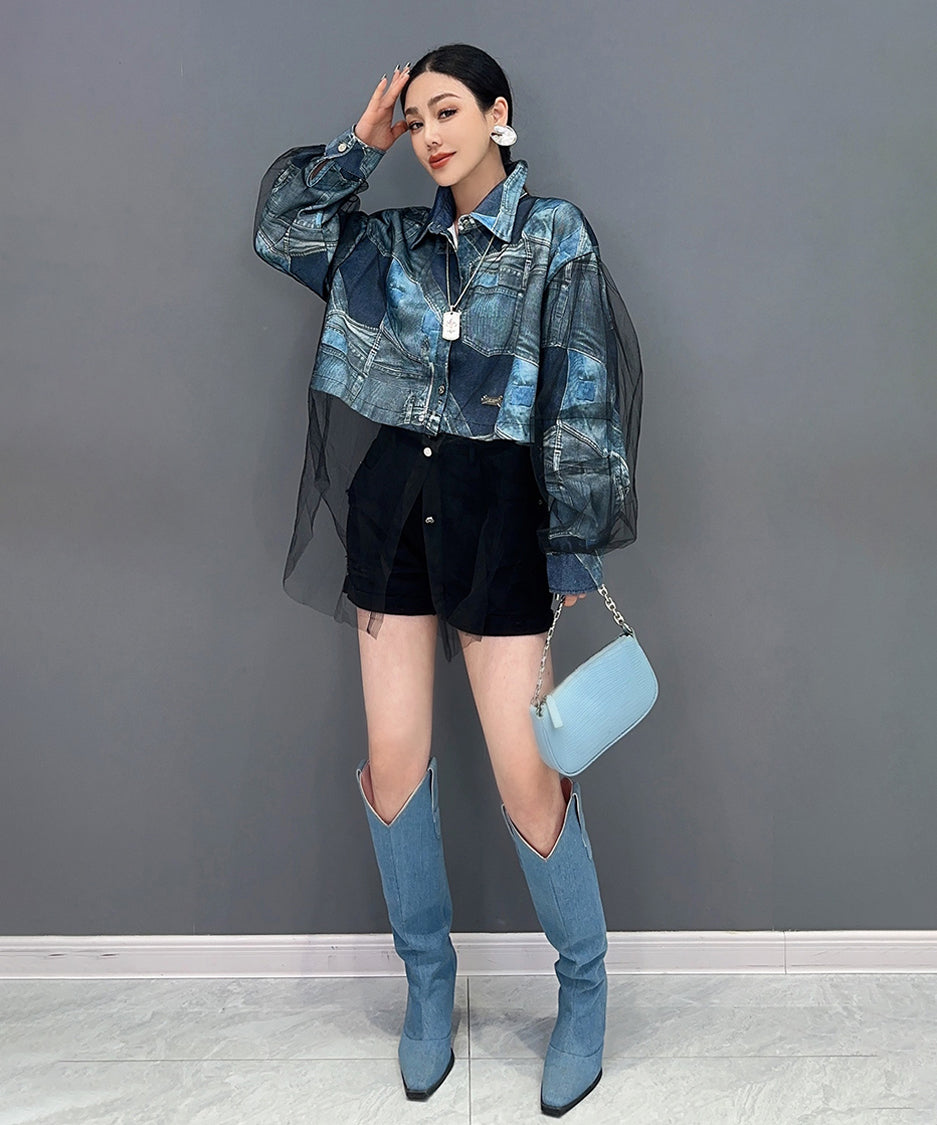 Printed denim blouse