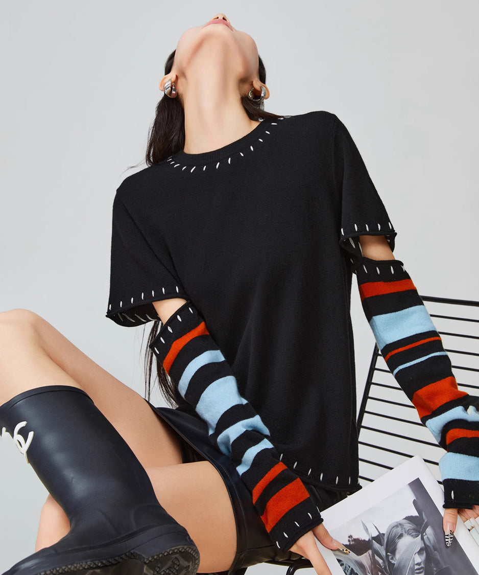 Striped Cut-out Sleeve Sweater