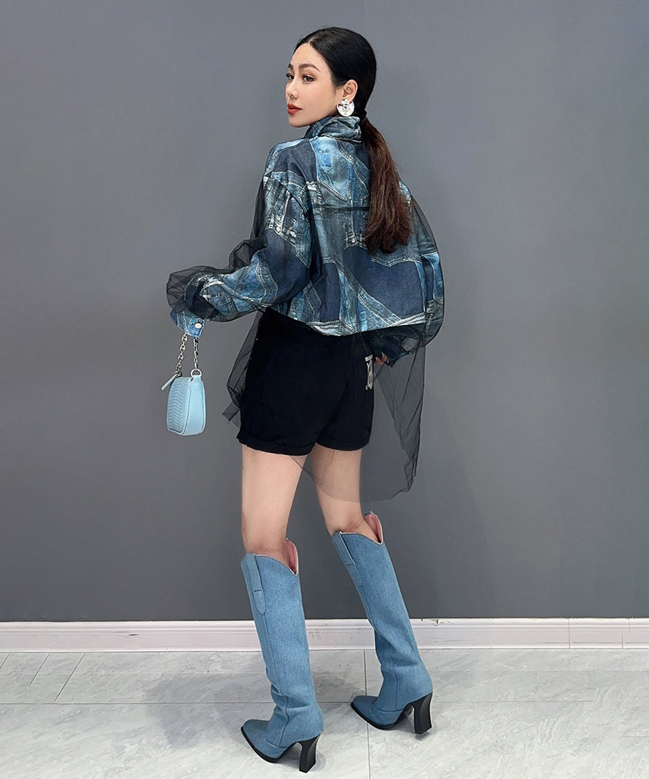 Printed denim blouse