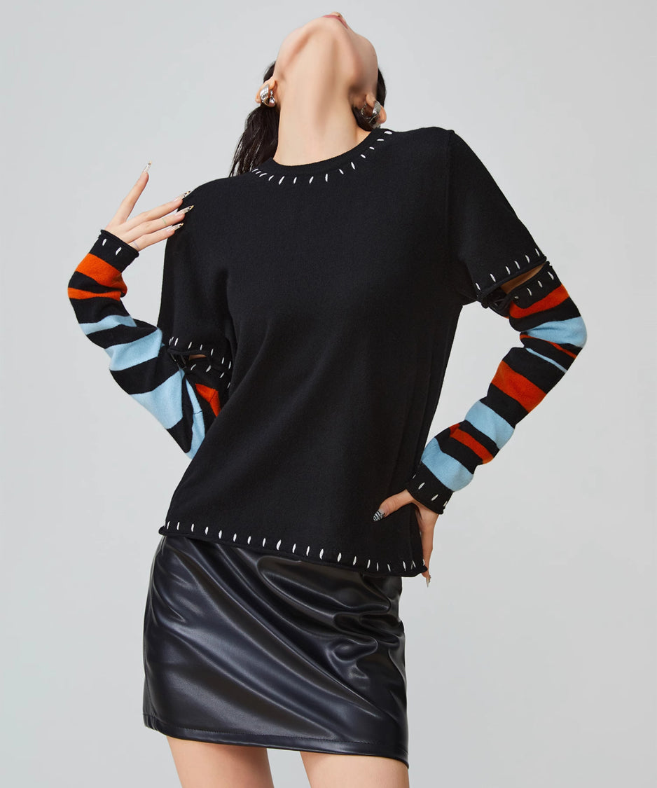 Striped Cut-out Sleeve Sweater