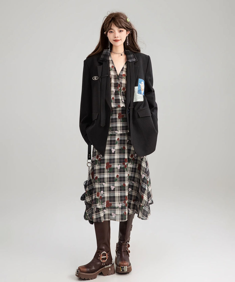 V-neck Flower Check Dress