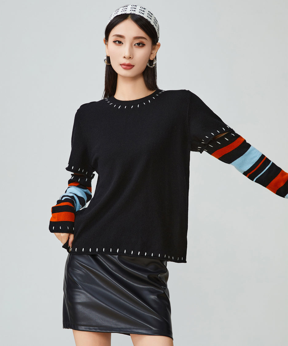 Striped Cut-out Sleeve Sweater
