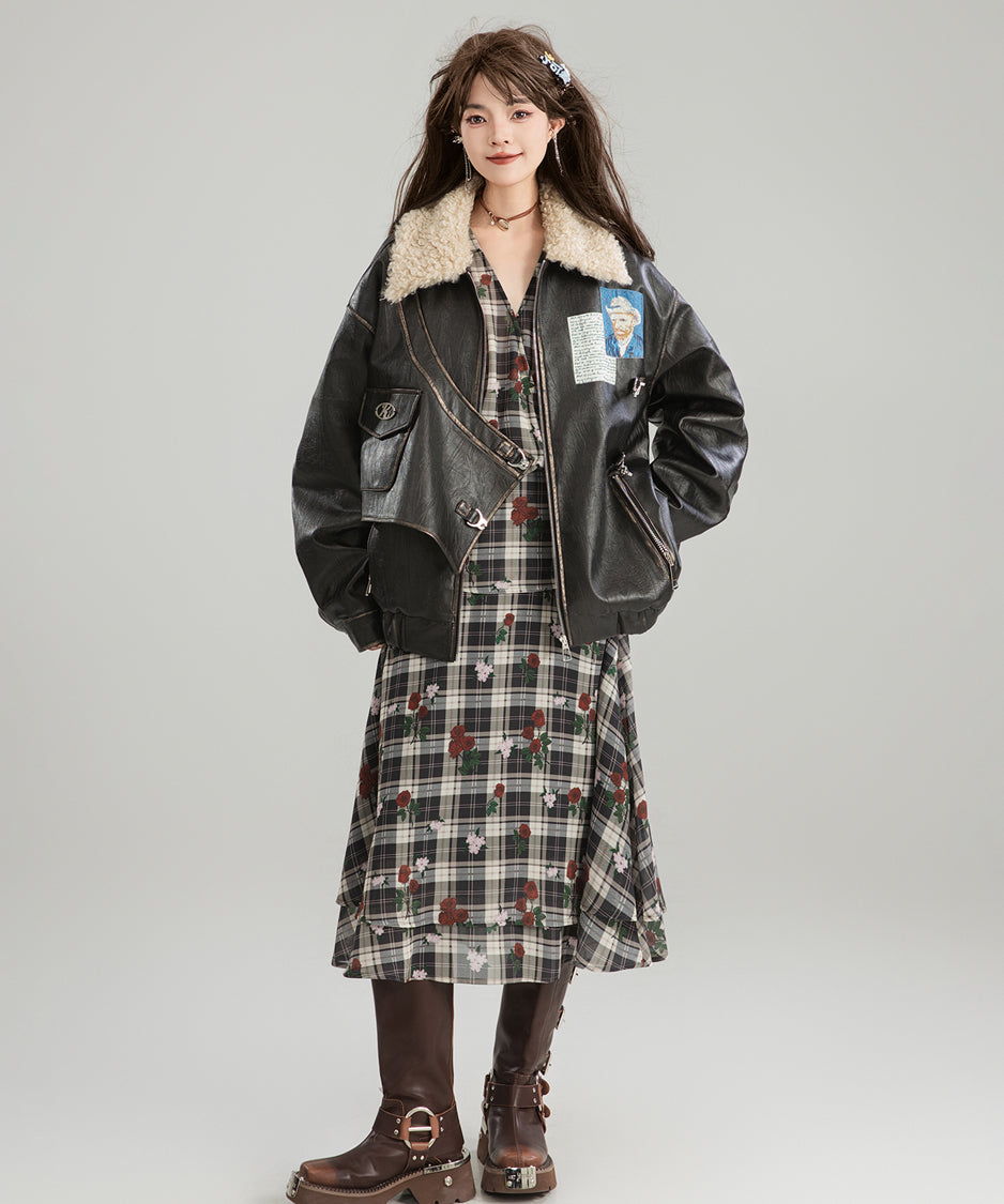V-neck Flower Check Dress