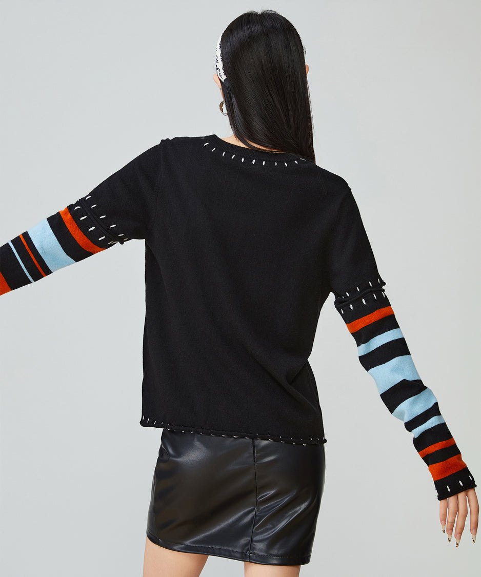 Striped Cut-out Sleeve Sweater