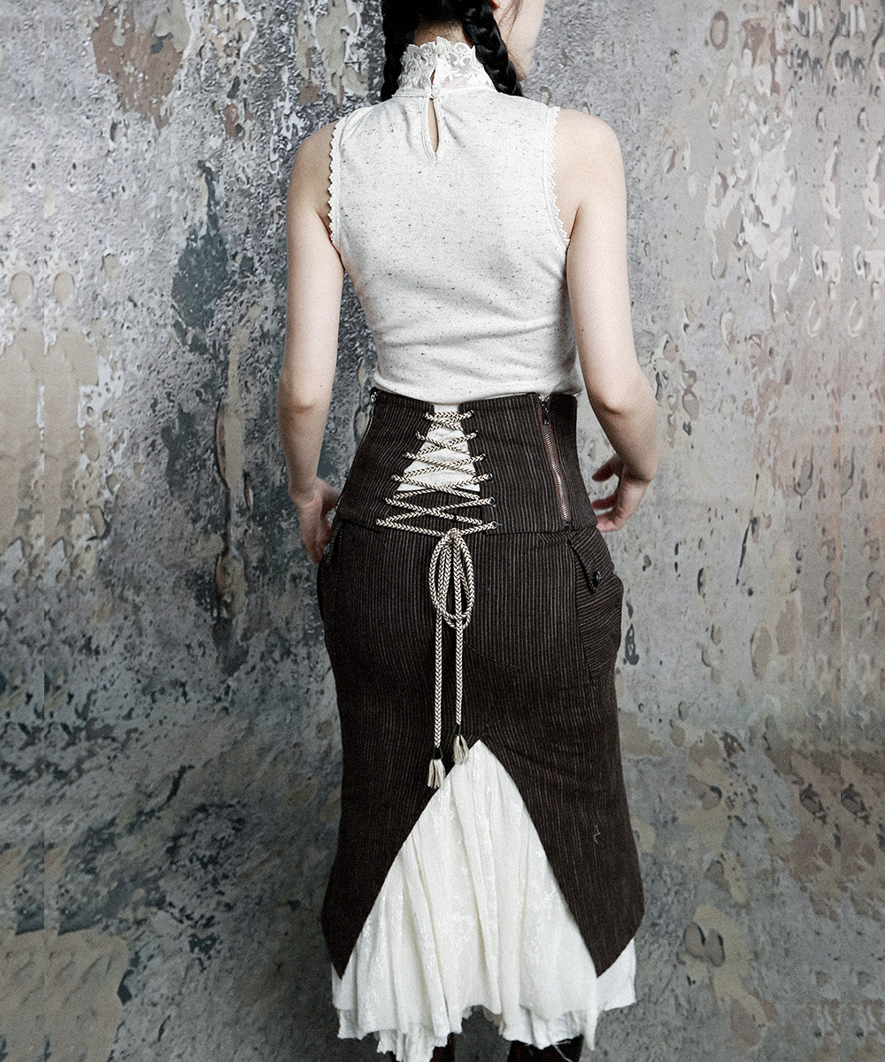 Pinstripe Lace Hem Skirt