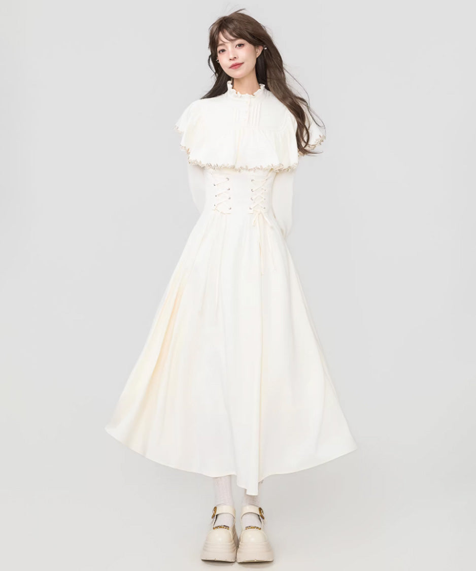 Lace Trim Cape Corset Long Dress