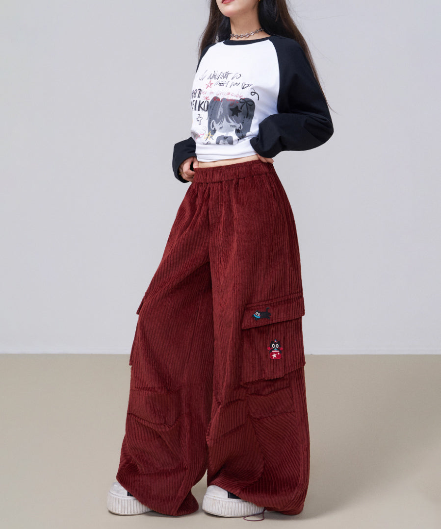 Corduroy Cat Embroidery Cargo Pants