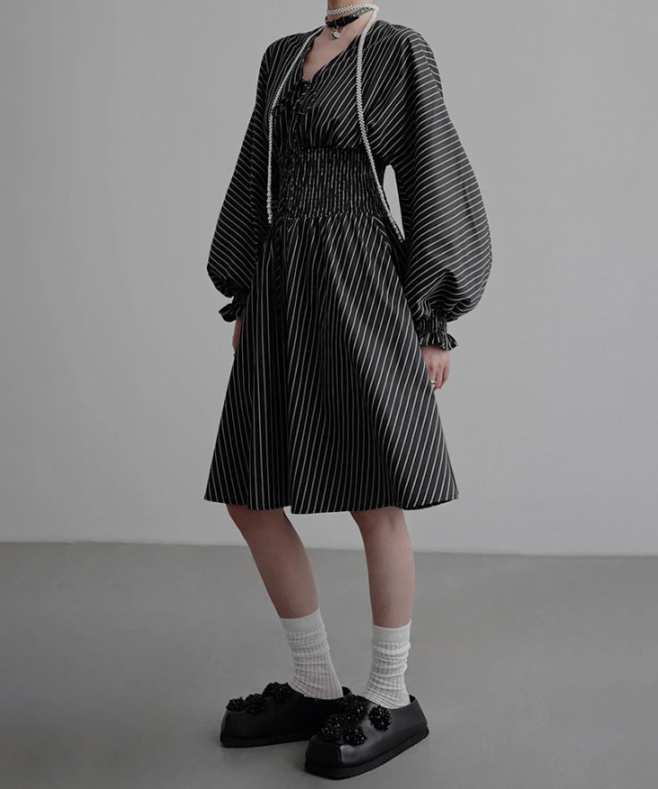 Pinstripe Puff Sleeve Dress