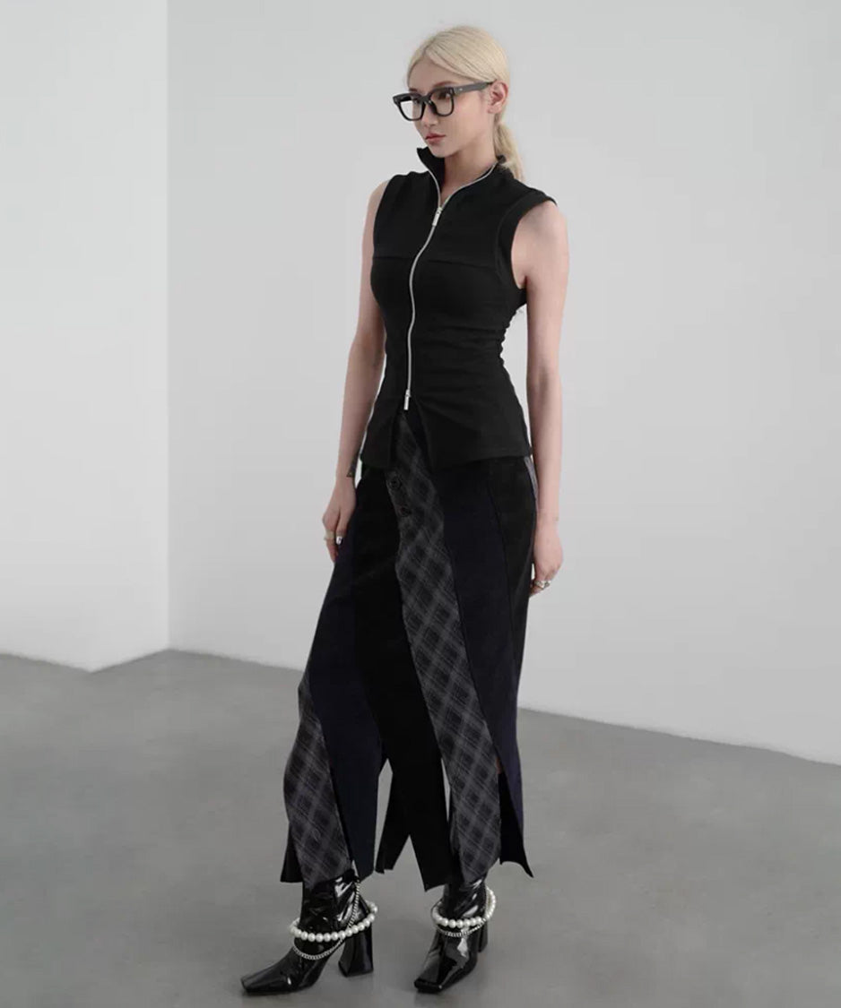 Diagonal Panel Layered Long Skirt