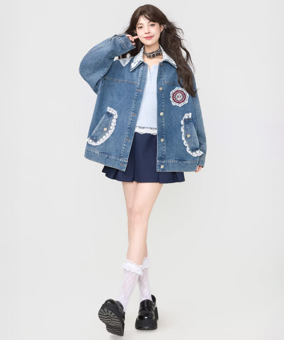 Lace Collar Butterfly Denim Jacket