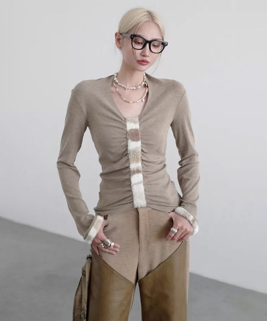 Fur Trim Gather Line Top