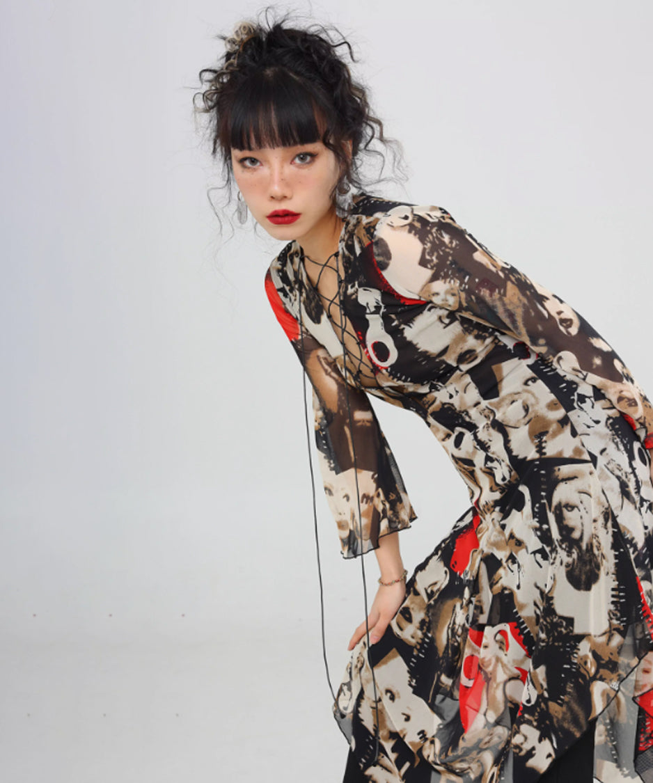 Photo Print Lace-up Dress