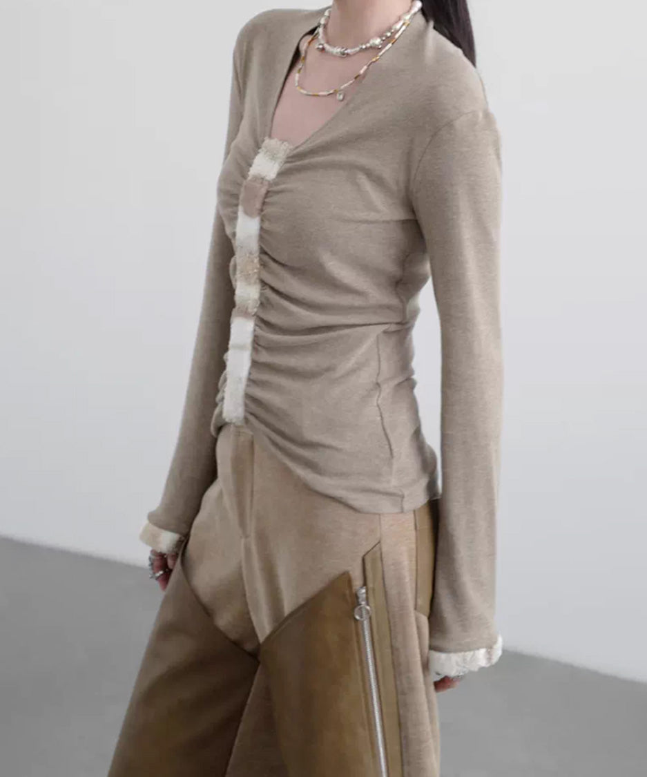 Fur Trim Gather Line Top