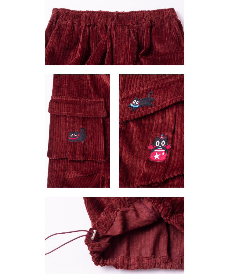 Corduroy Cat Embroidery Cargo Pants